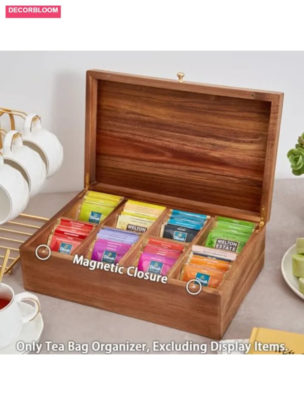 Acacia Wood Tea Bag Organizer, 8-Compartment Tea Caddy Storage Box